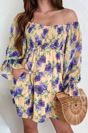 Une Magnifique Robe Chiffonnée à Smocks Floraux (Moutarde Clair)
