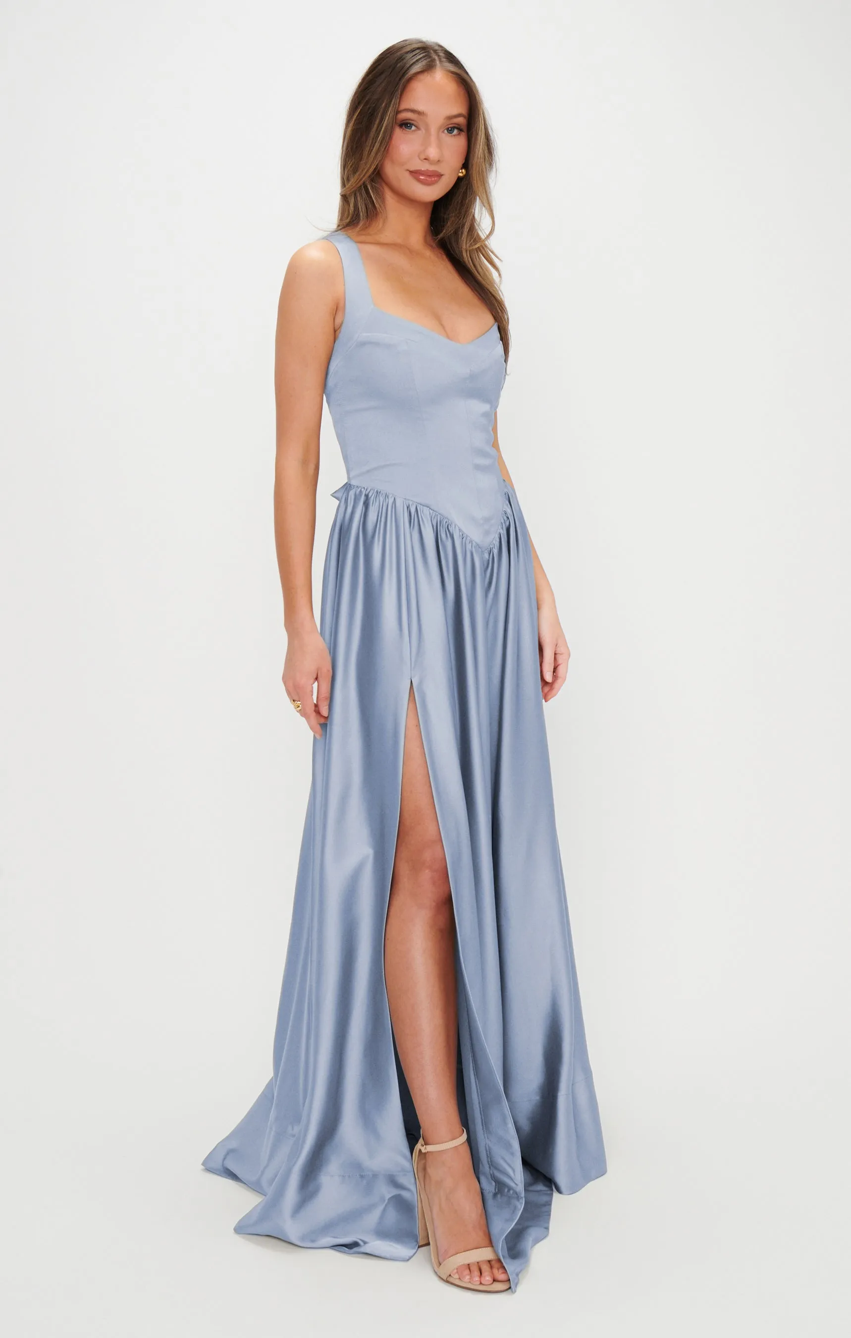 Robe longue Abigail ~ Satin luxe bleu acier