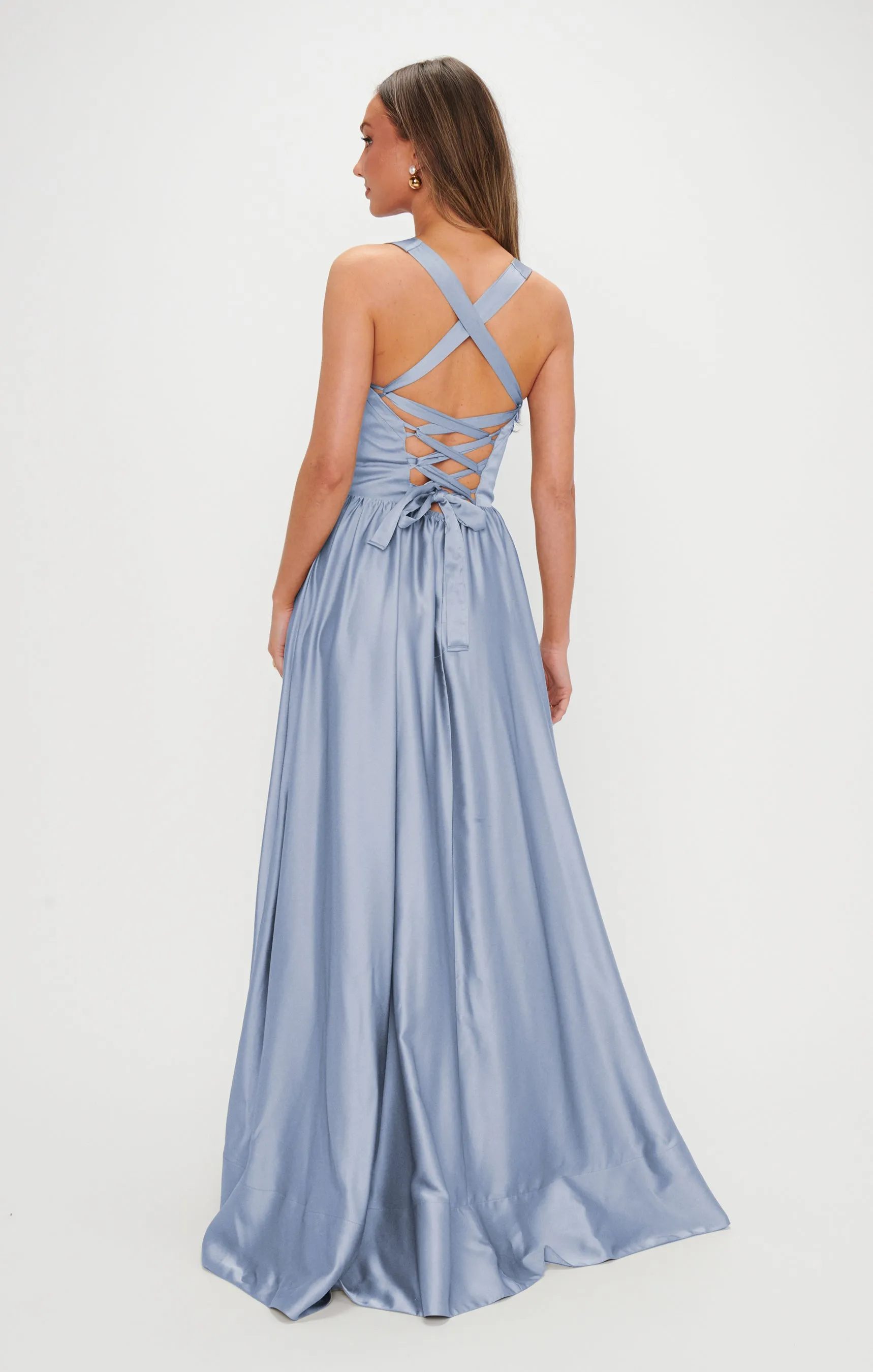 Robe longue Abigail ~ Satin luxe bleu acier