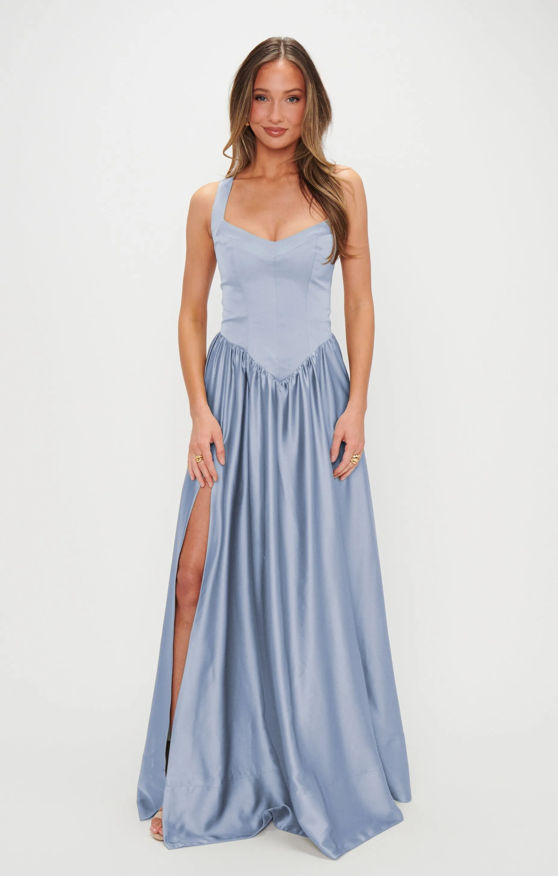 Robe longue Abigail ~ Satin luxe bleu acier
