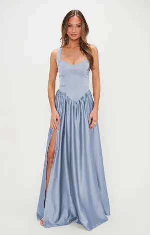 Robe longue Abigail ~ Satin luxe bleu acier