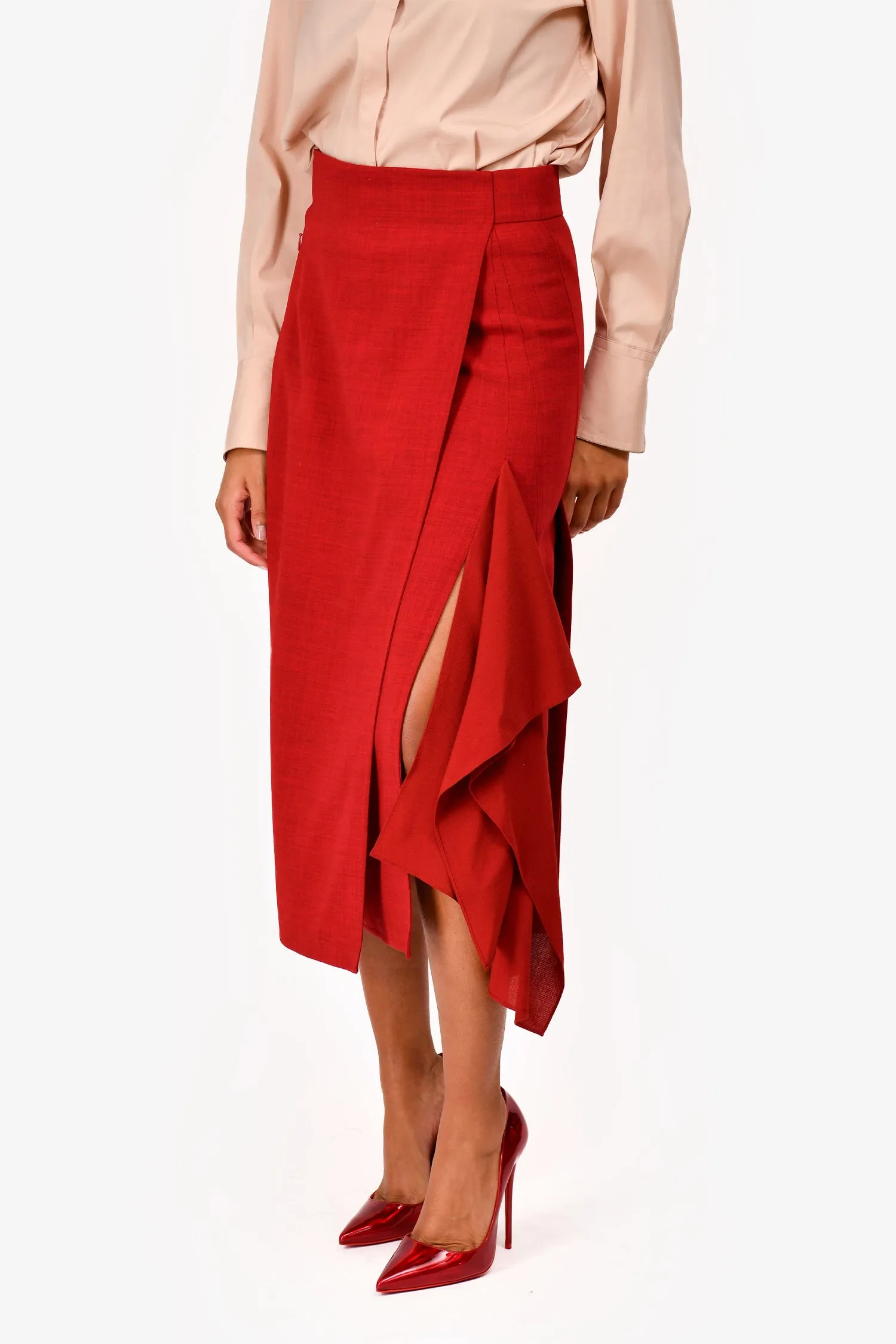 Jupe plissée mi-longue en laine rouge Punto Akris taille 4