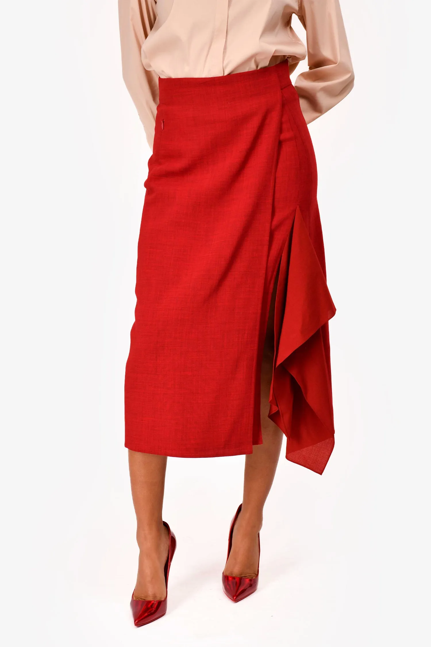 Jupe plissée mi-longue en laine rouge Punto Akris taille 4