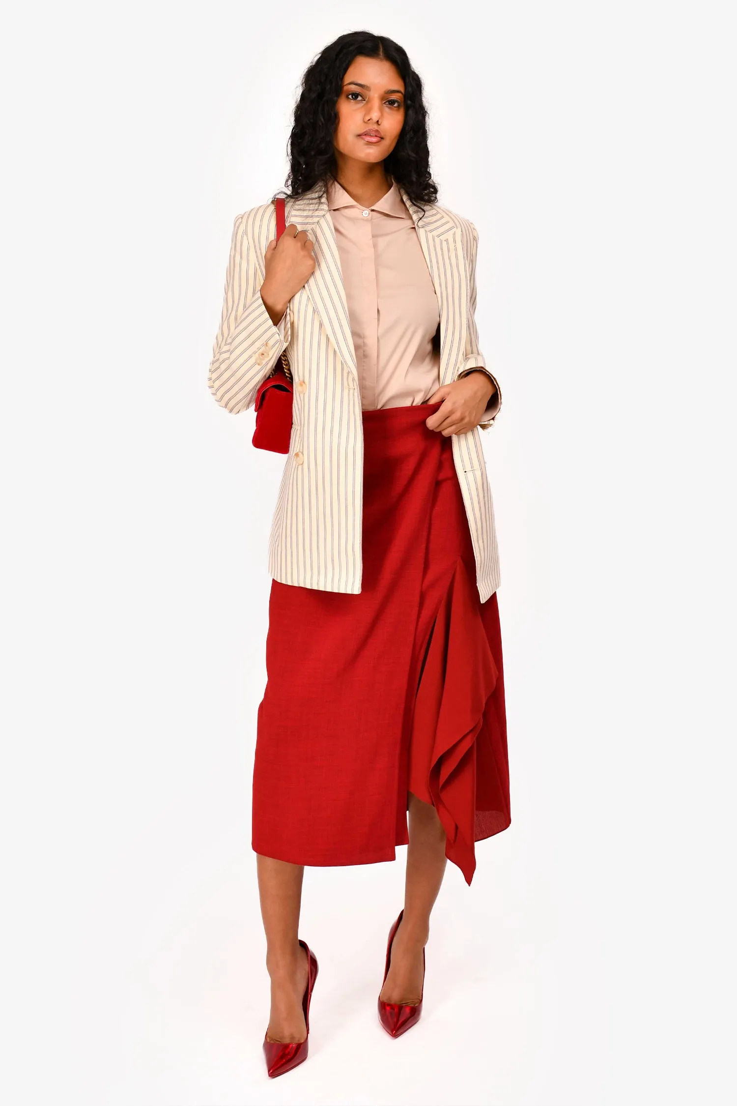 Jupe plissée mi-longue en laine rouge Punto Akris taille 4