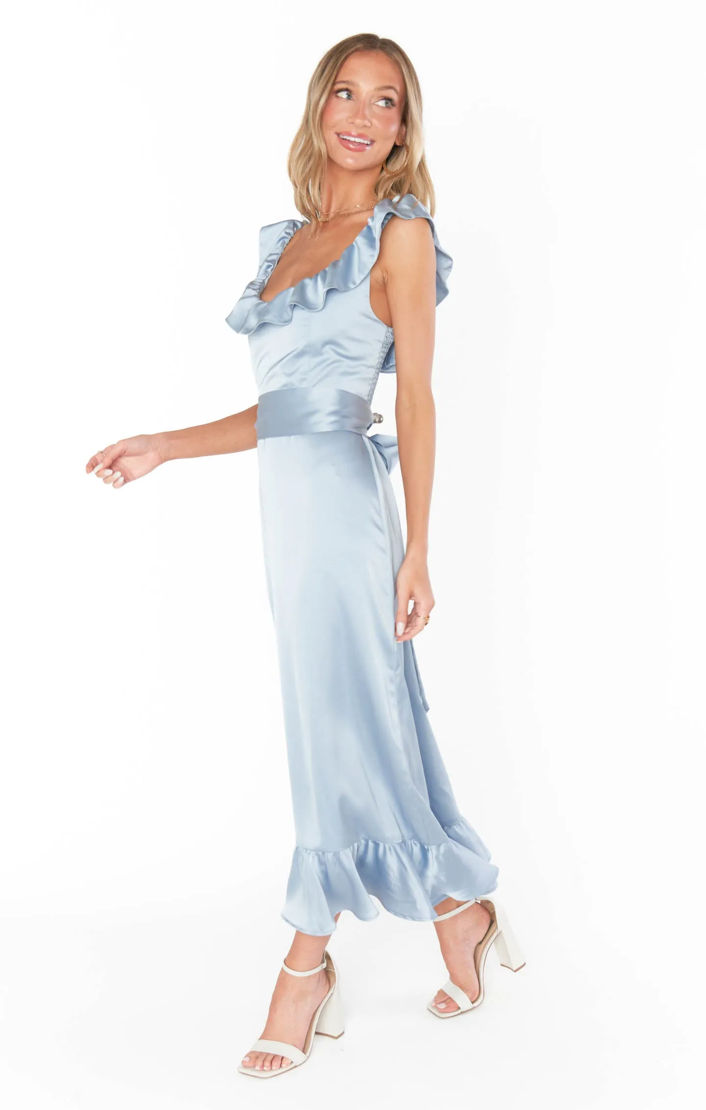 Robe midi Alexis ~ Satin luxe bleu acier
