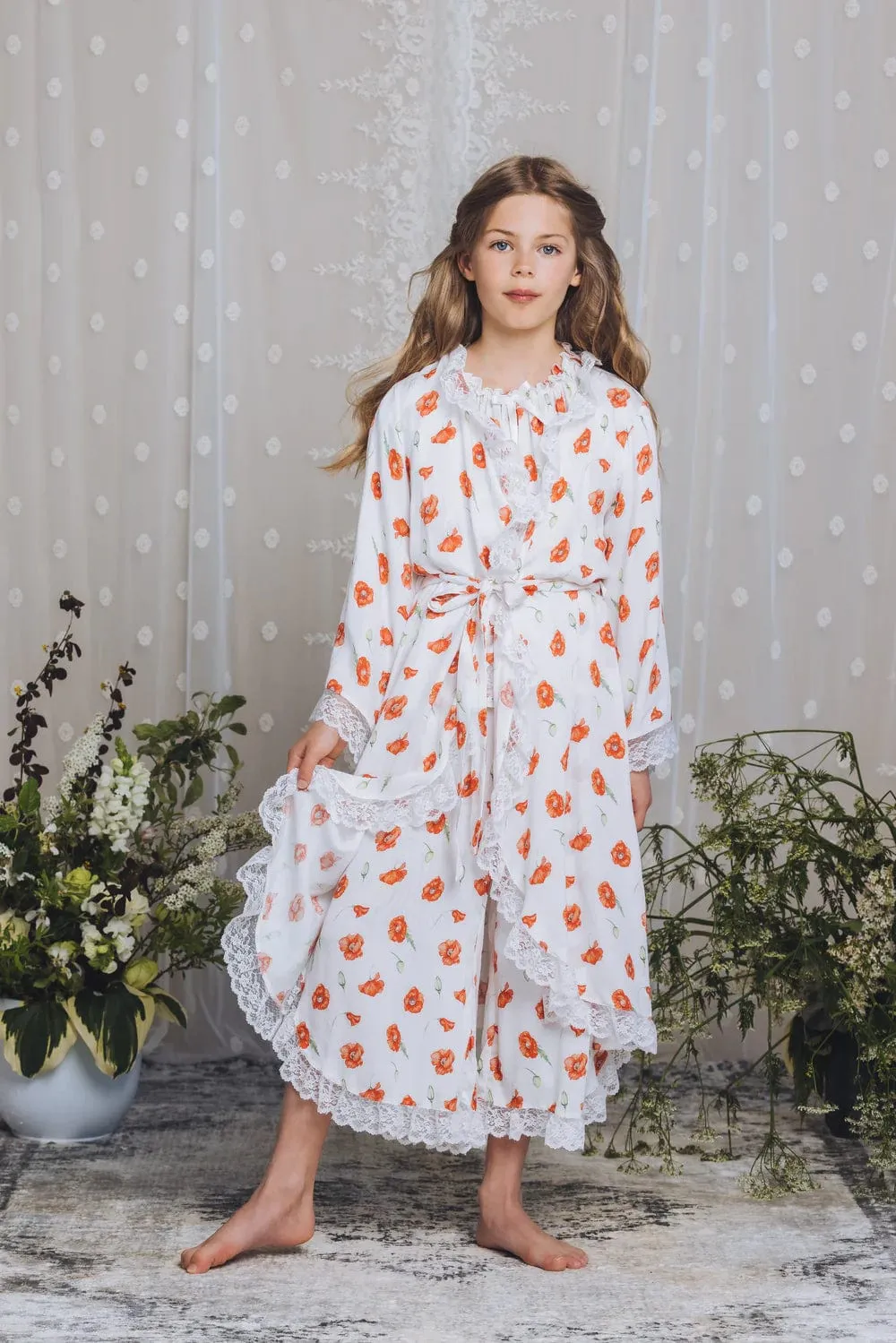 Robe de chambre pour filles Amiki Children Sofia à motifs de coquelicots en blanc