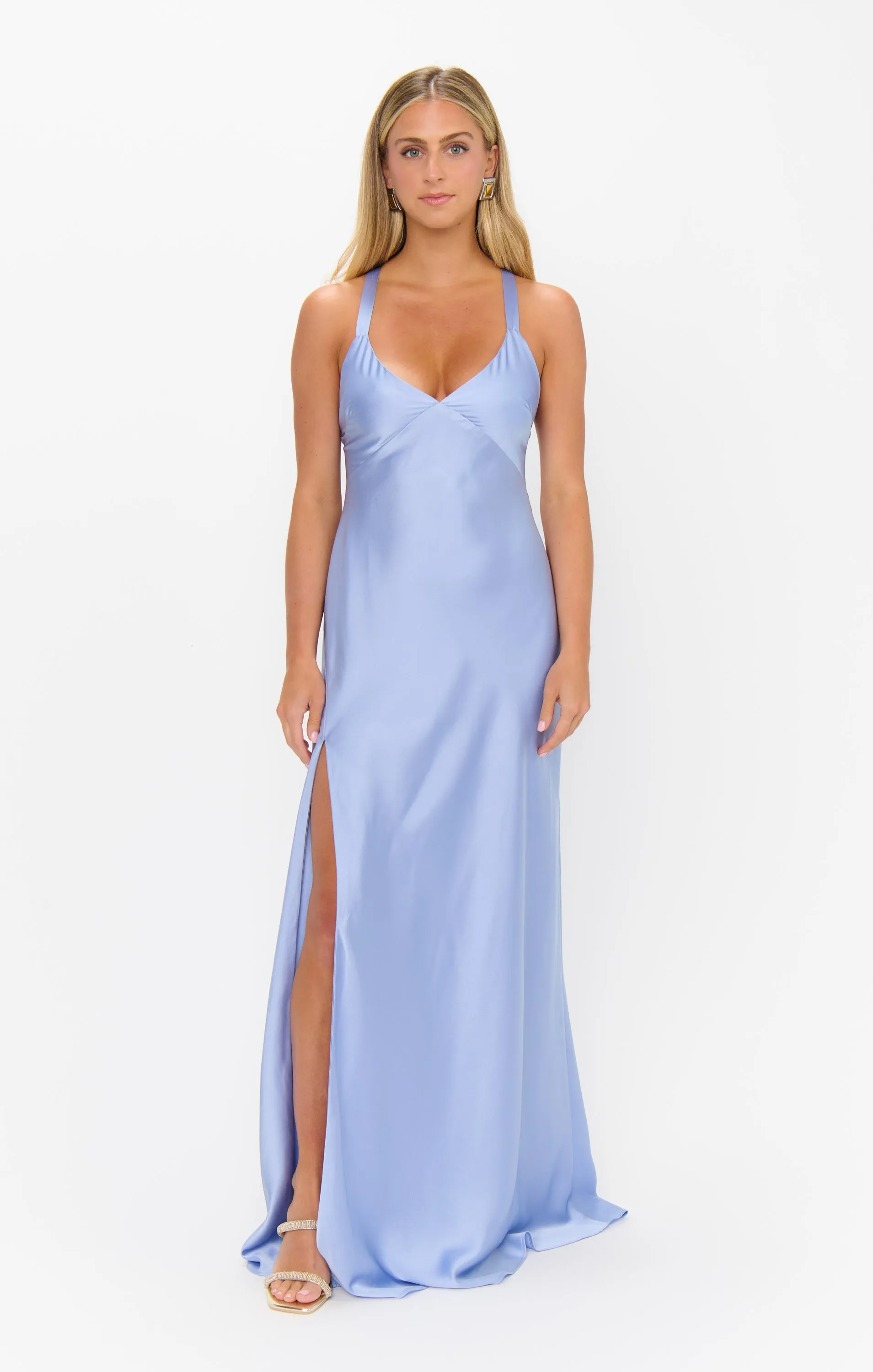 Robe longue Anderson ~ Satin luxe bleu emprunté