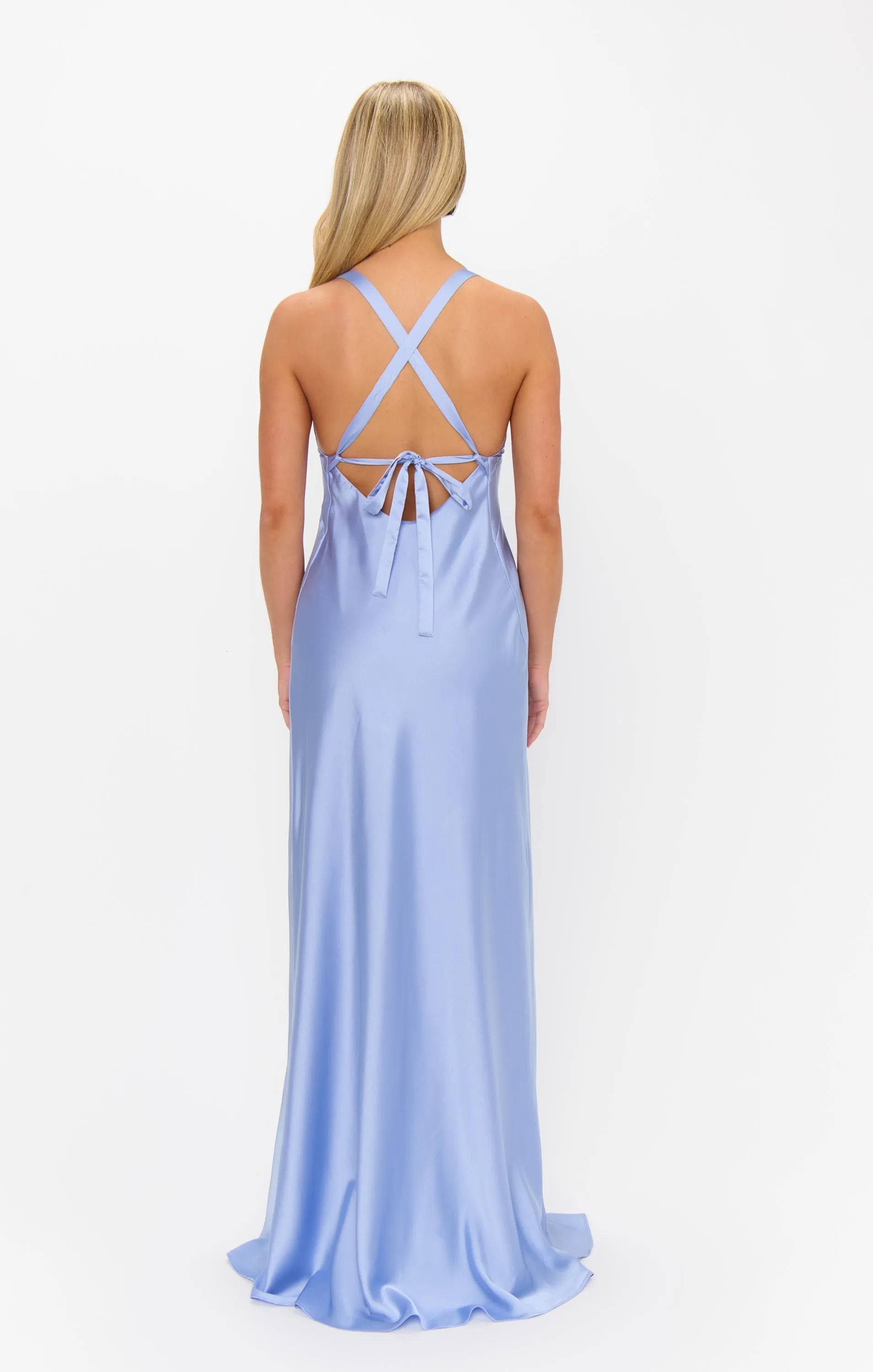 Robe longue Anderson ~ Satin luxe bleu emprunté