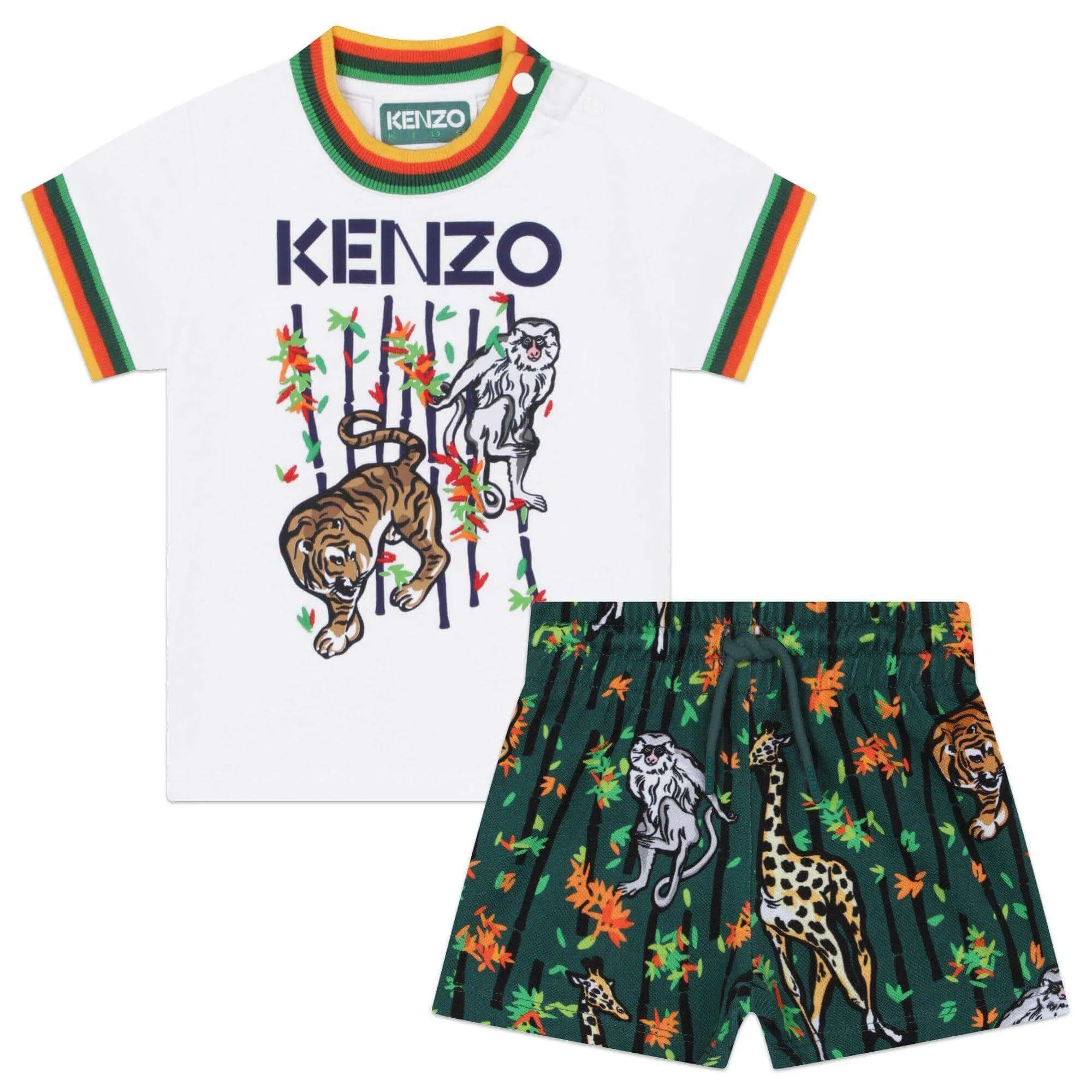 Ensemble de shorts pour bébé garçon en coton et bambou vert et blanc à motif tigre