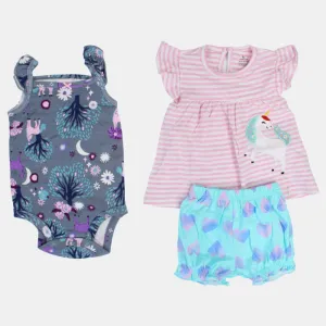 Ensemble 3 pièces en coton pour bébé fille – Rose à rayures avec motif licorne