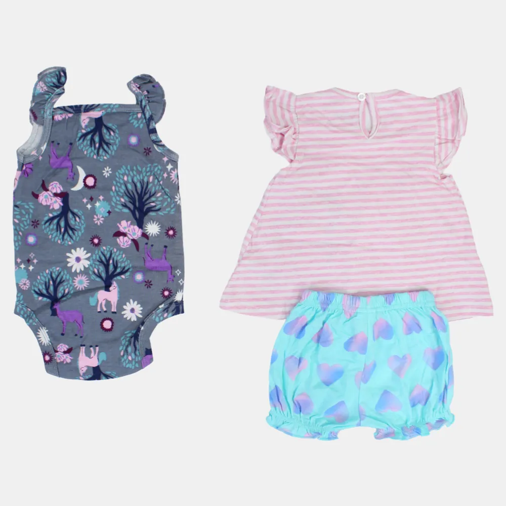 Ensemble 3 pièces en coton pour bébé fille – Rose à rayures avec motif licorne