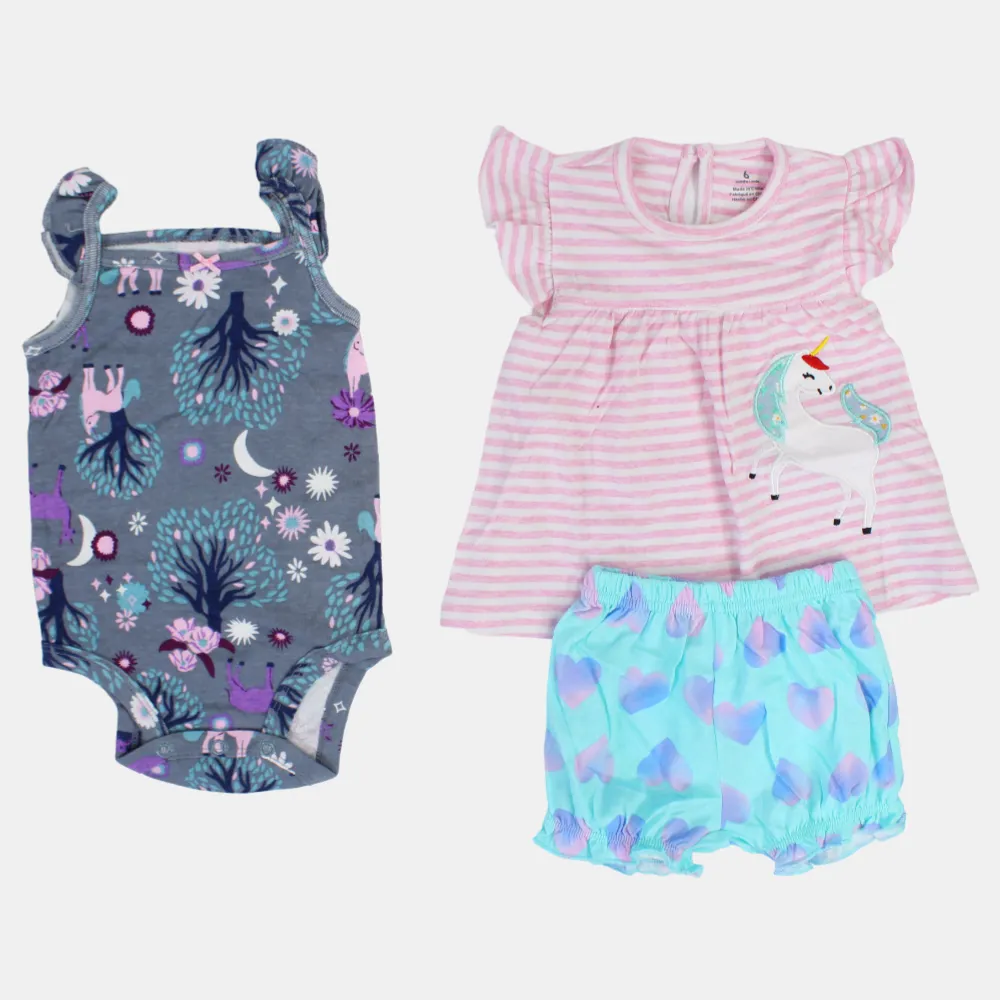Ensemble 3 pièces en coton pour bébé fille – Rose à rayures avec motif licorne