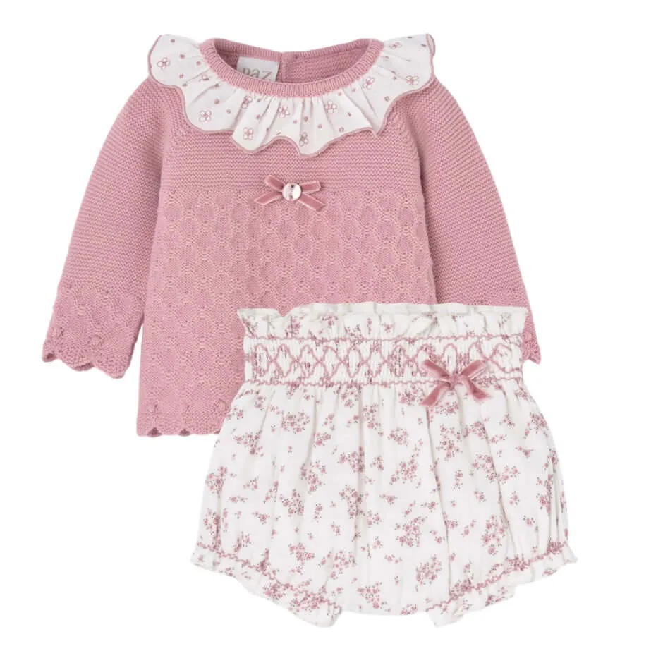 Ensemble en maille fleuri rose pour bébé fille