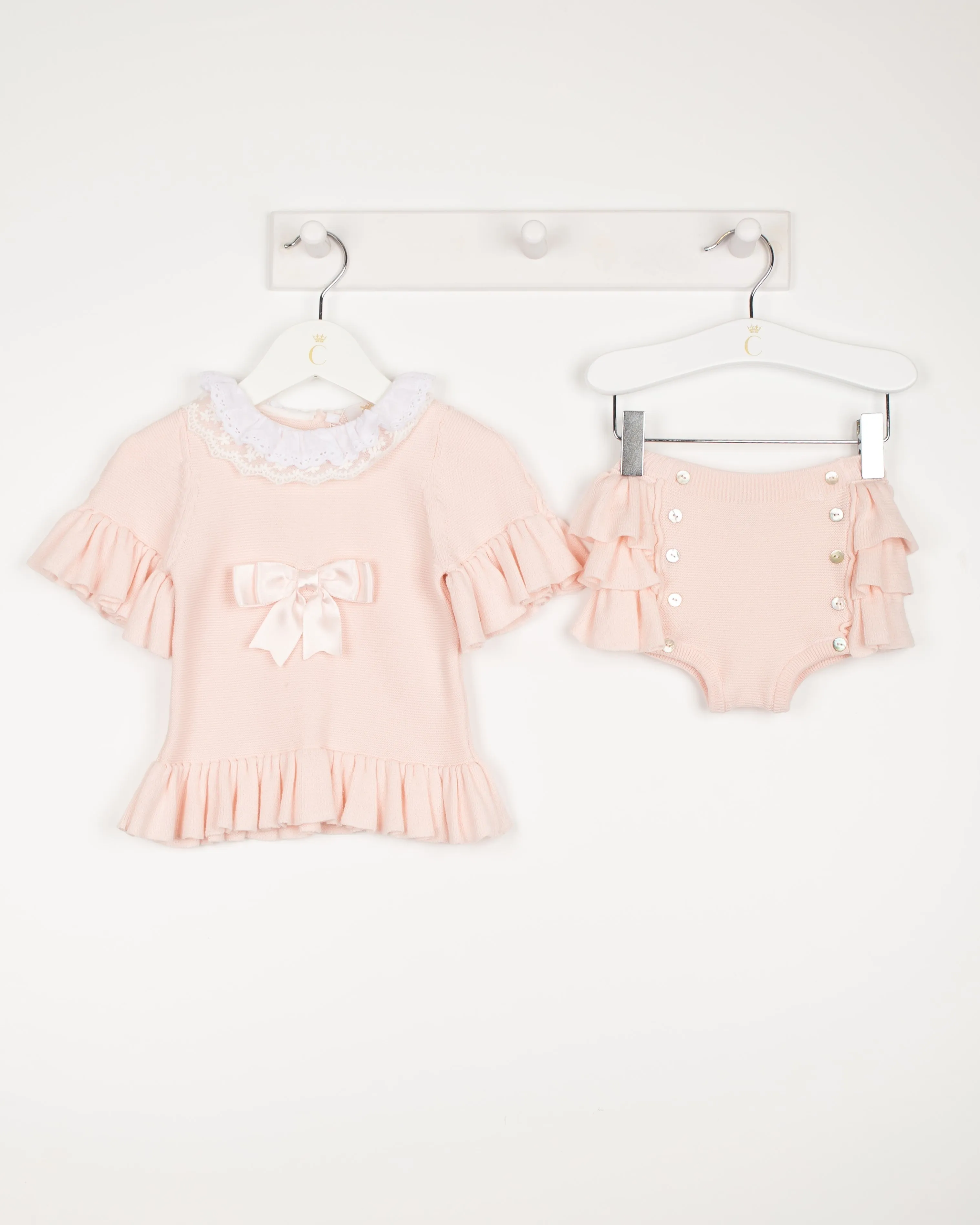 Ensemble Bloomer Tricoté à Col en Dentelle Rose pour Fillettes