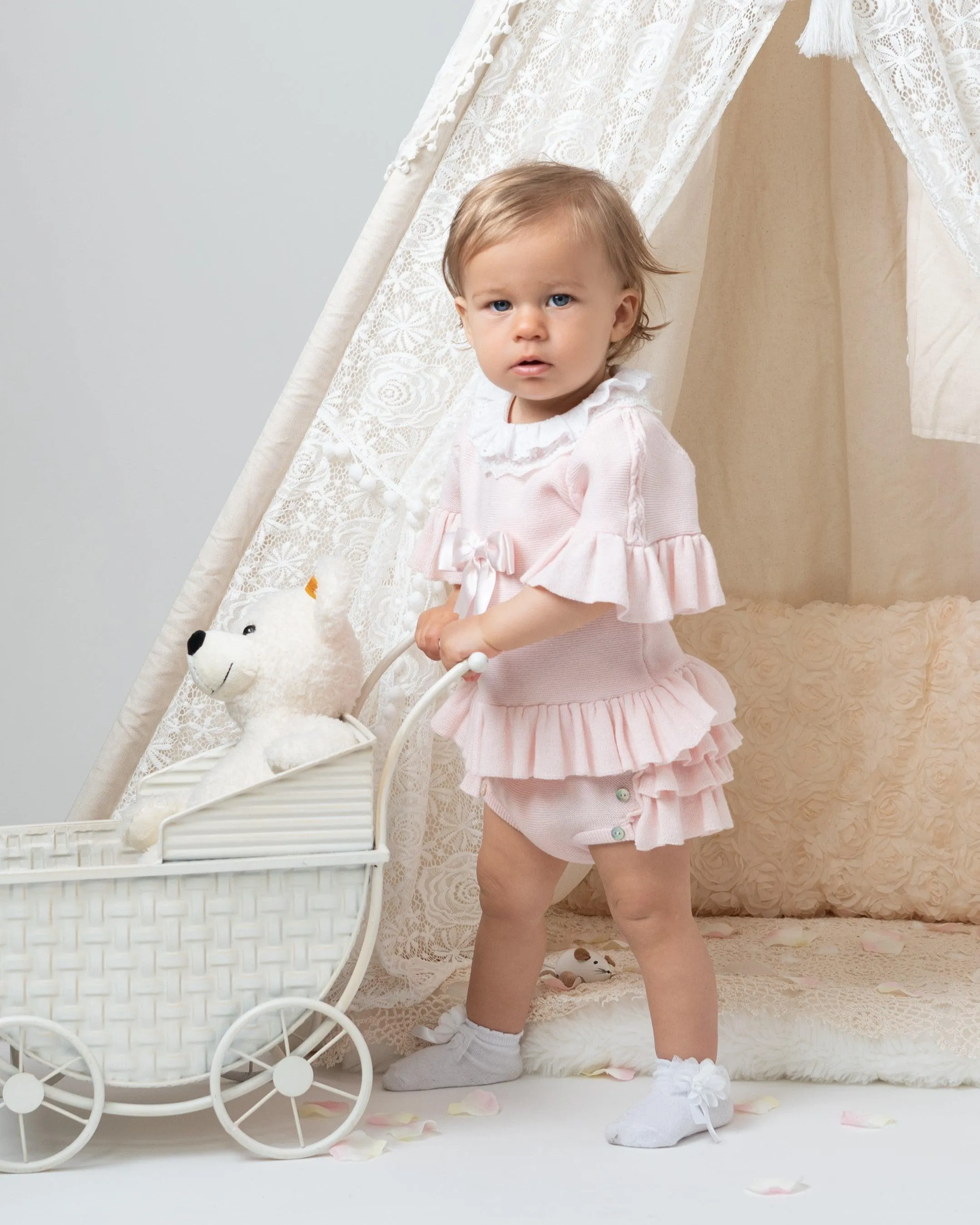 Ensemble Bloomer Tricoté à Col en Dentelle Rose pour Fillettes