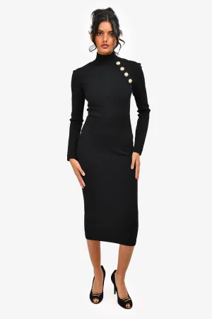 Robe mi-longue Balmain col haut noir avec détails de boutons en tricot taille 34
