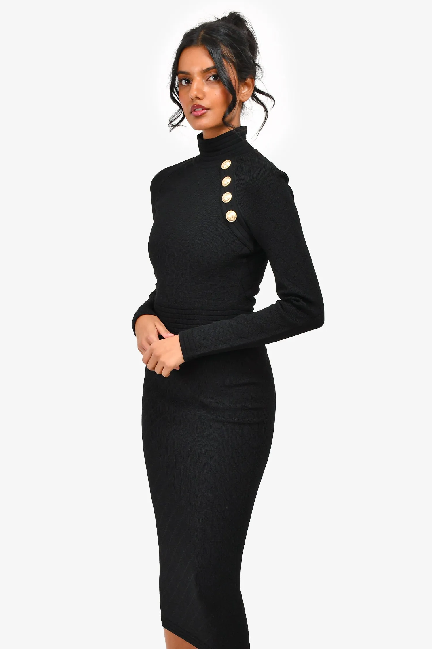 Robe mi-longue Balmain col haut noir avec détails de boutons en tricot taille 34