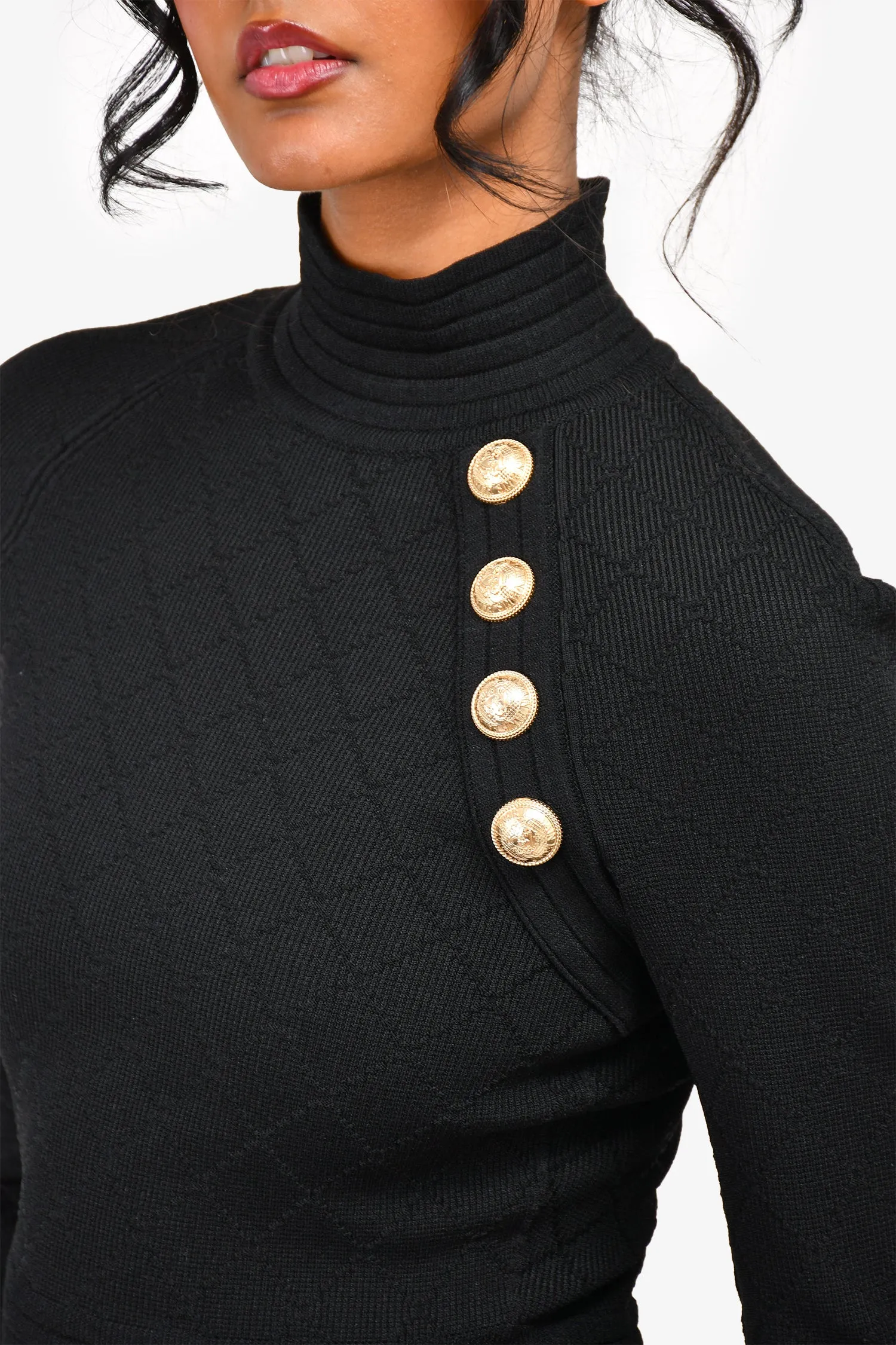 Robe mi-longue Balmain col haut noir avec détails de boutons en tricot taille 34