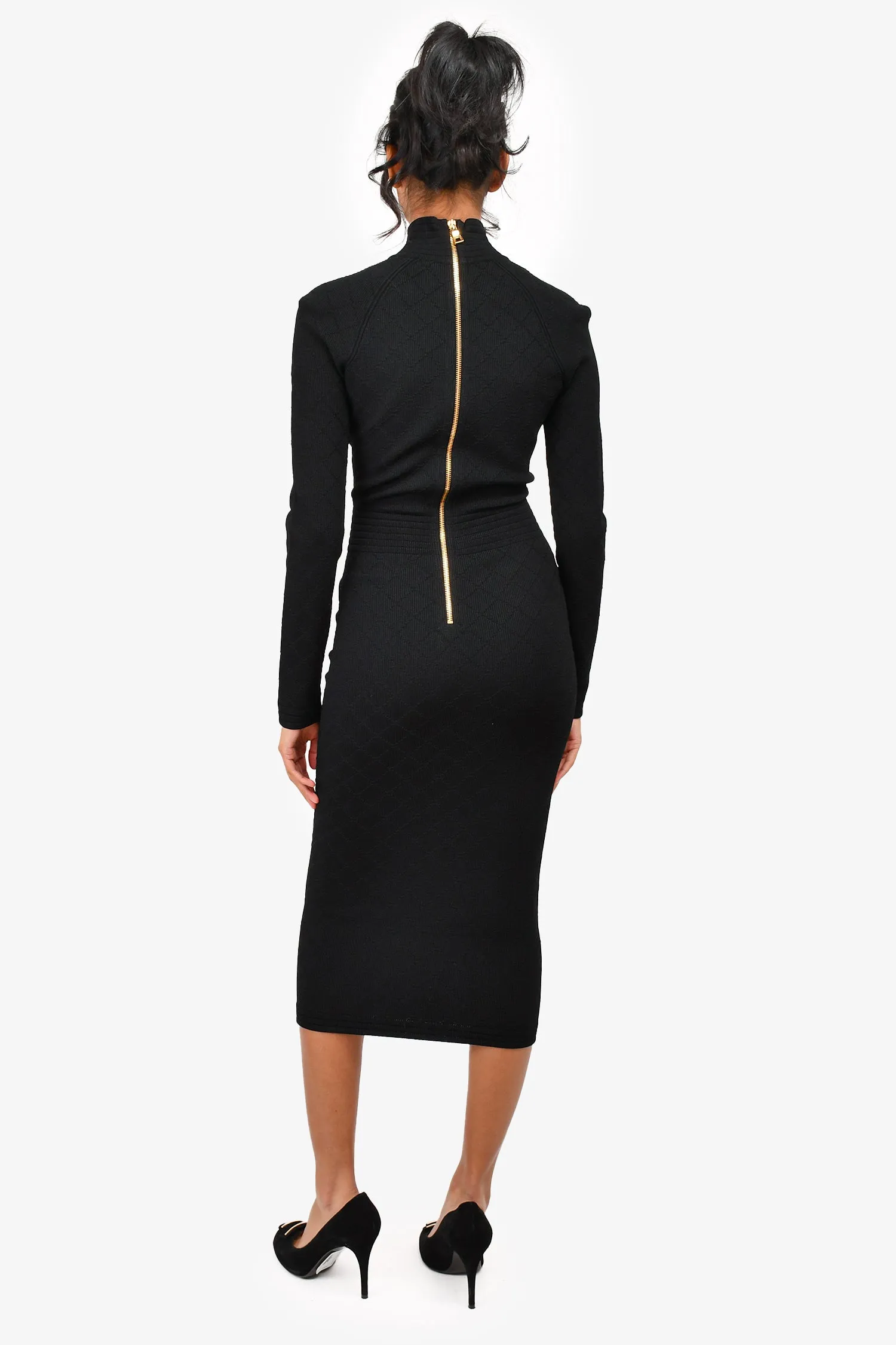 Robe mi-longue Balmain col haut noir avec détails de boutons en tricot taille 34