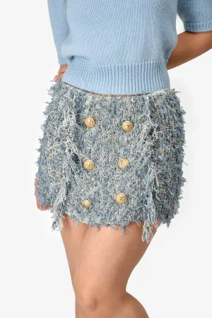 Mini-jupe frangée bleue Balmain avec boutons dorés taille 38