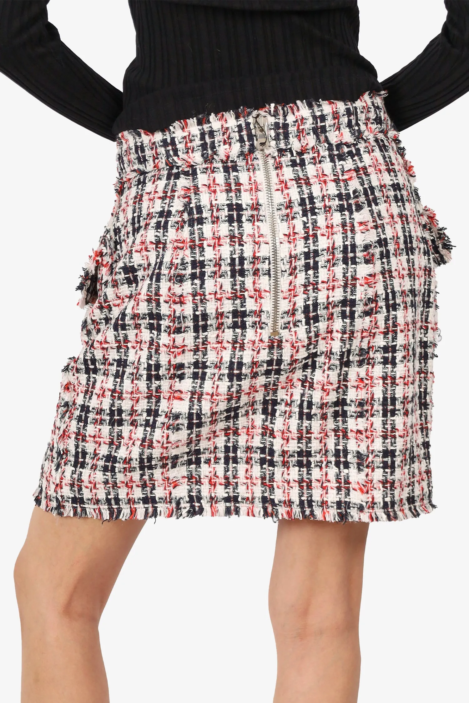 Jupe mini en tweed Balmain rouge/blanc/noir Taille 42