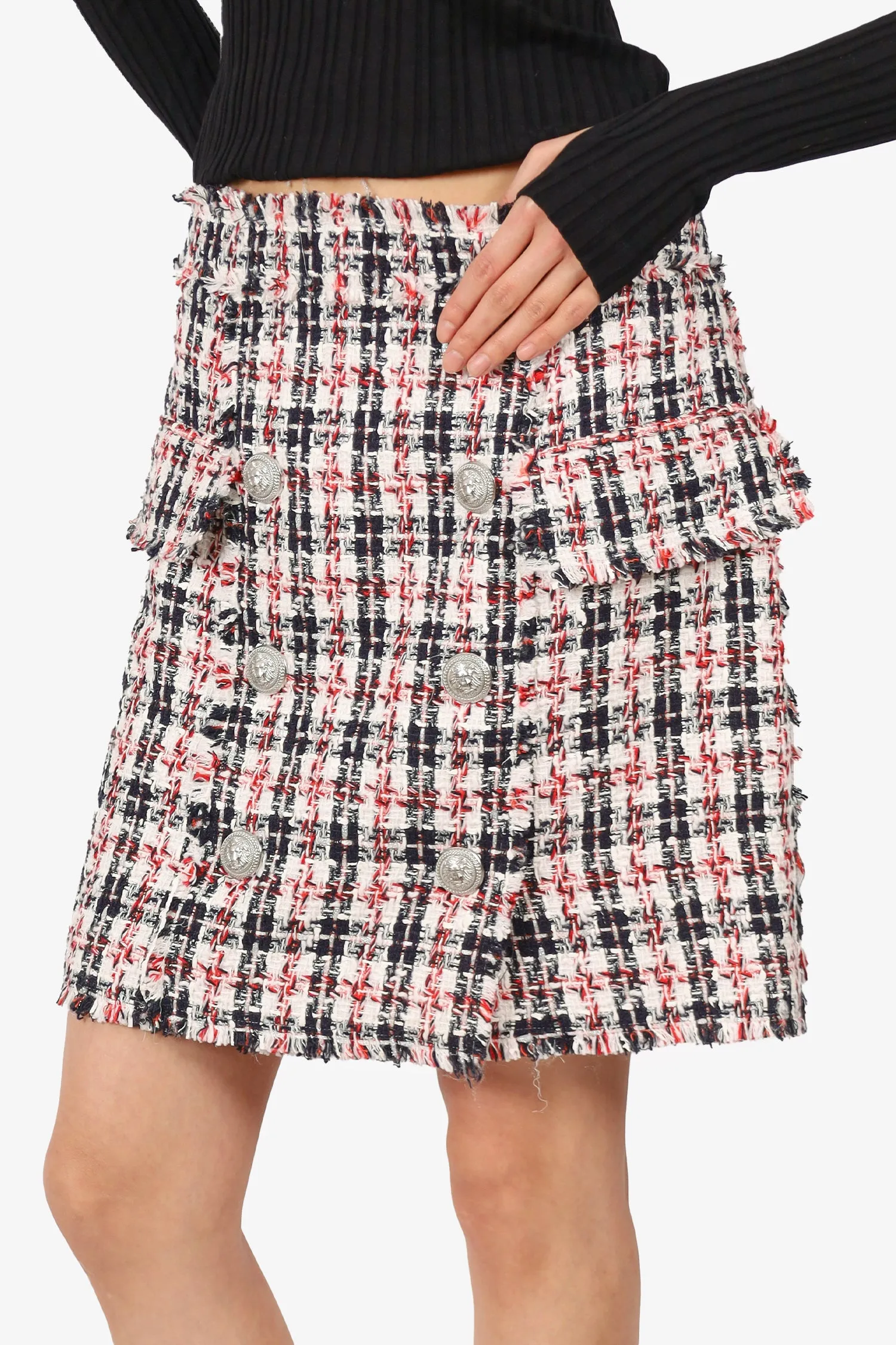 Jupe mini en tweed Balmain rouge/blanc/noir Taille 42