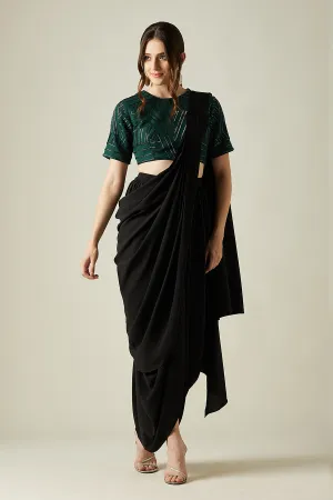 Ensemble Saree à Capuche Noire & Blouse Émeraude