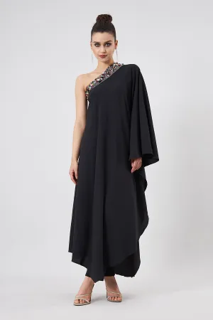 Ensemble Kaftan et Pantalon Noir à Une Épaule Brodé