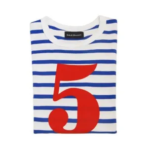Bob & Blossom : T-shirt numéro 5 à rayures bleu français et blanc crème