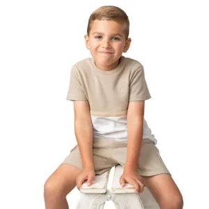 Ensemble Short à Col Ras Beige pour Garçons en Tissu Nid d'Abeille