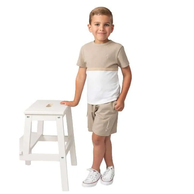 Ensemble Short à Col Ras Beige pour Garçons en Tissu Nid d'Abeille