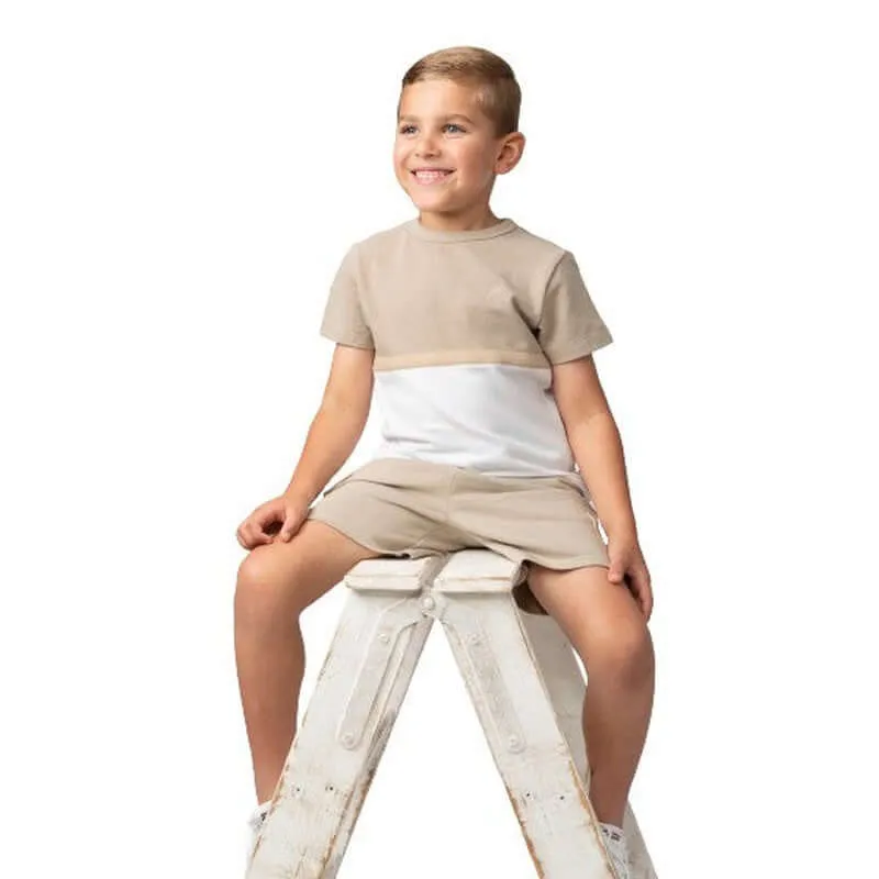 Ensemble Short à Col Ras Beige pour Garçons en Tissu Nid d'Abeille
