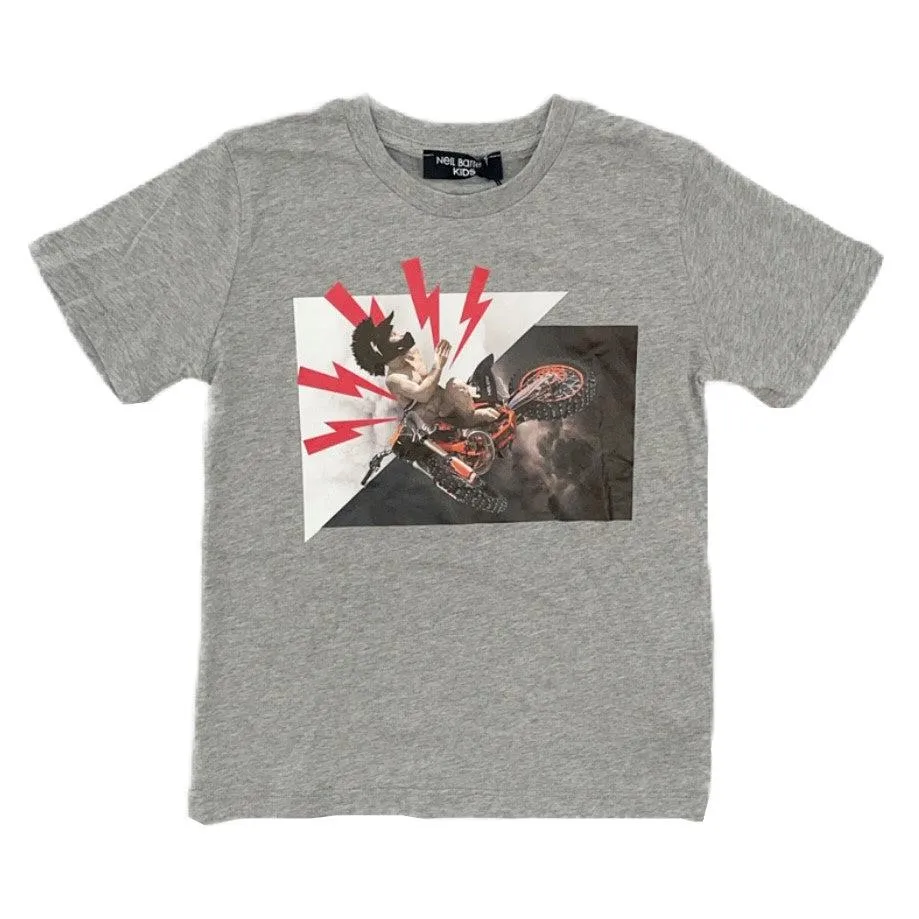 T-shirt en coton gris pour garçons avec impression de moto