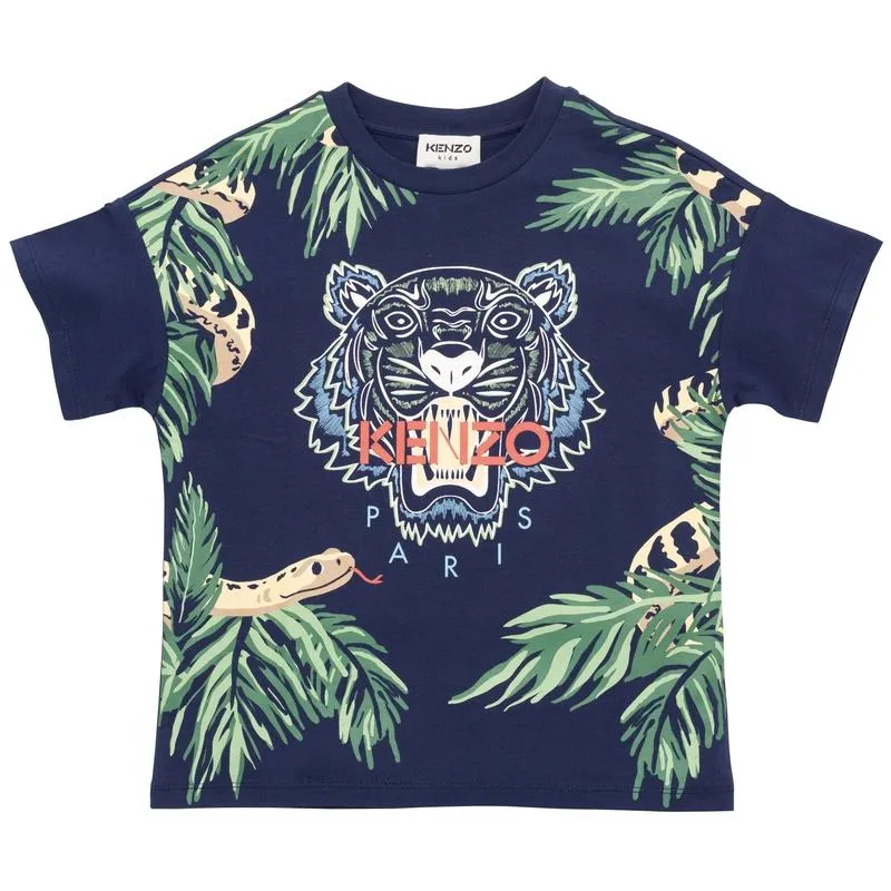 T-shirt pour garçons à motifs de feuilles marine