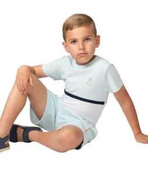 Ensemble Short à Col Ras Bleu Ciel pour Garçons en Tissu Gaufré