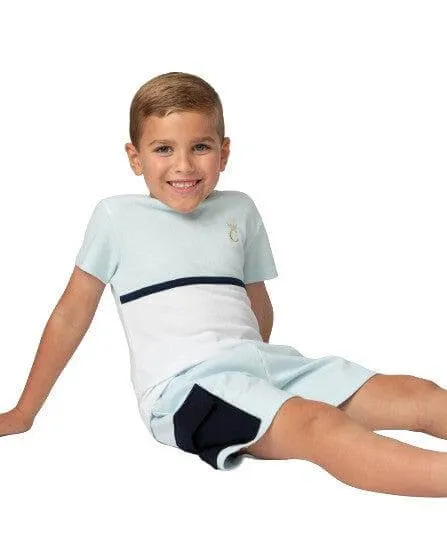Ensemble Short à Col Ras Bleu Ciel pour Garçons en Tissu Gaufré