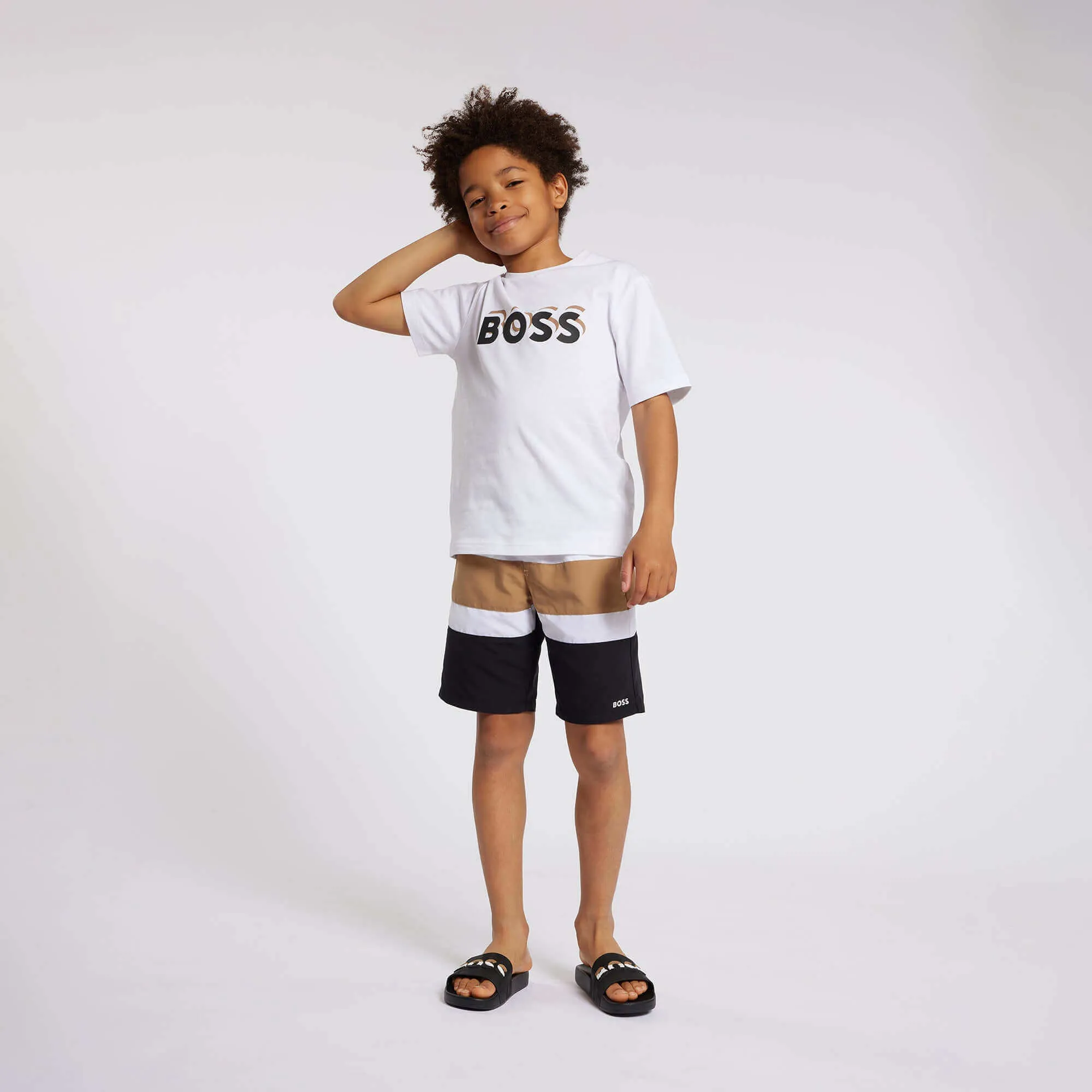 T-shirt en coton à manches courtes avec logo blanc pour garçons