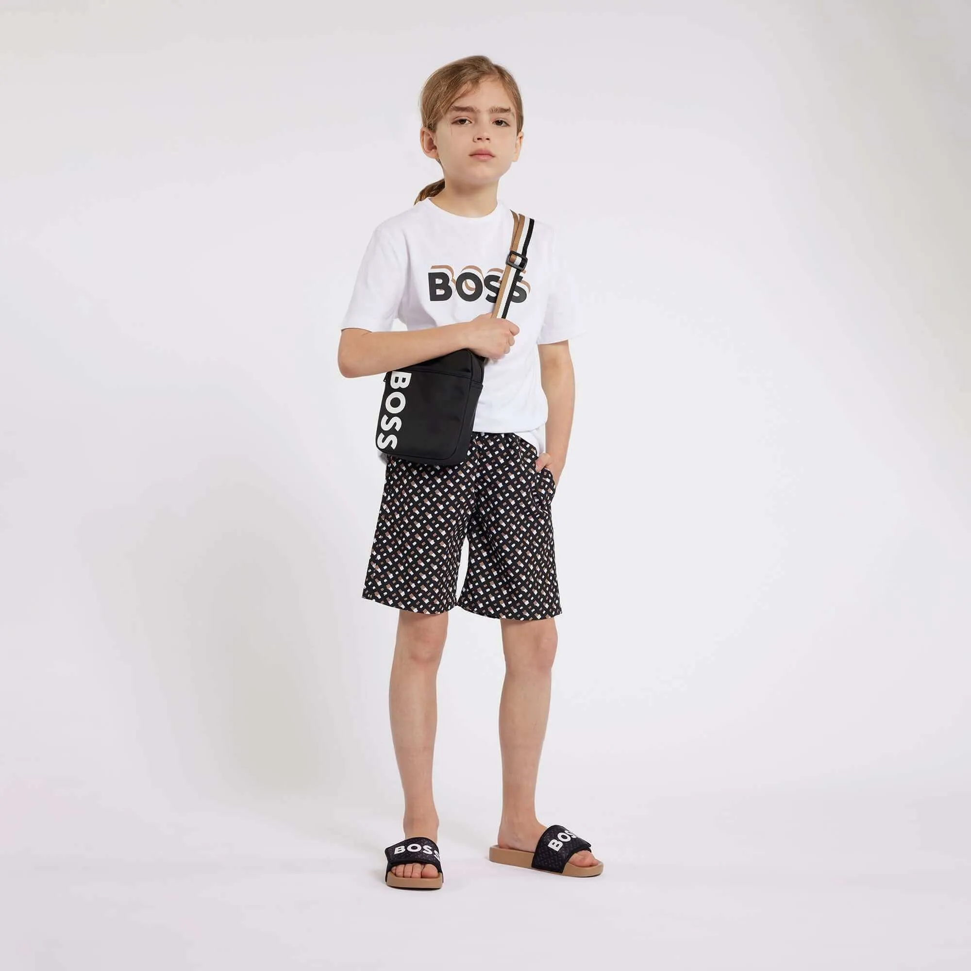 T-shirt en coton à manches courtes avec logo blanc pour garçons