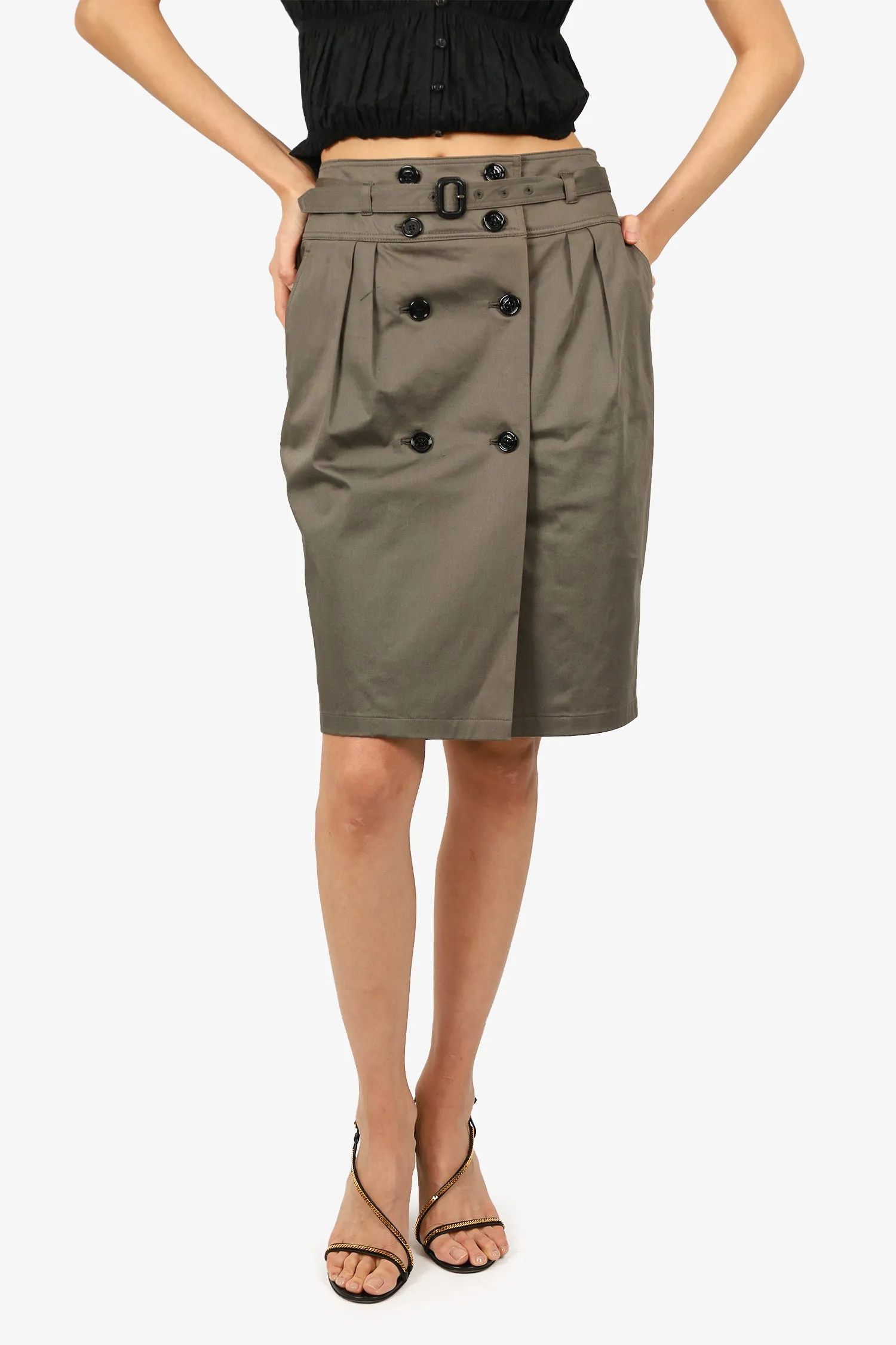 Burberry Jupe Ceinturée en Serge Kaki Taille 6