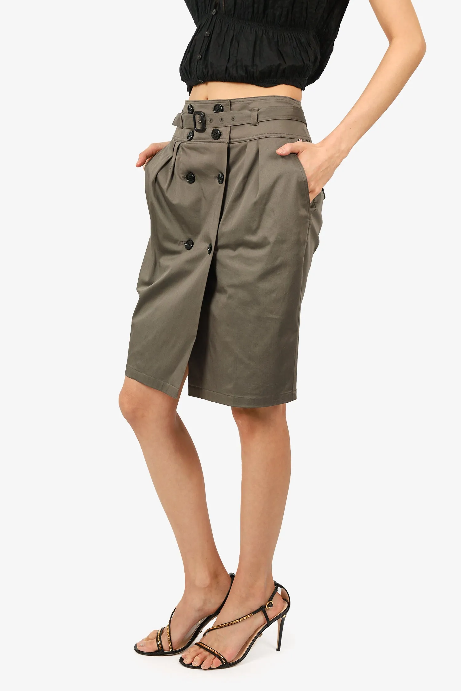 Burberry Jupe Ceinturée en Serge Kaki Taille 6