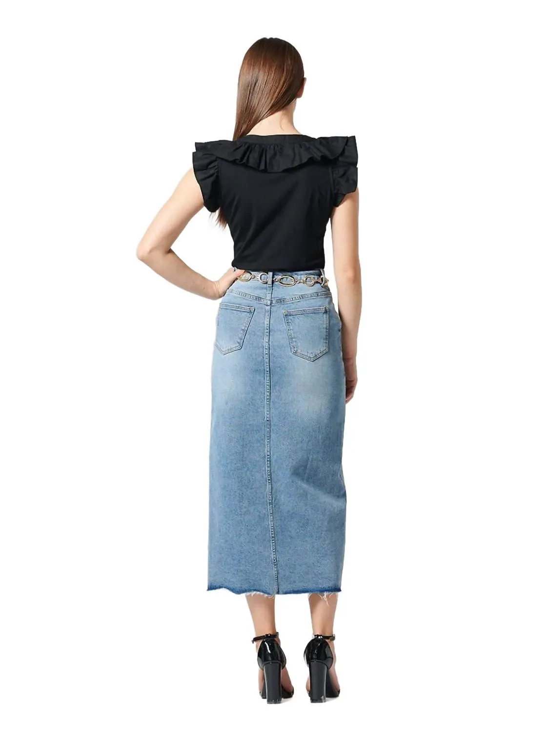 Jupes en jean décontractées à taille haute avec fente latérale en denim