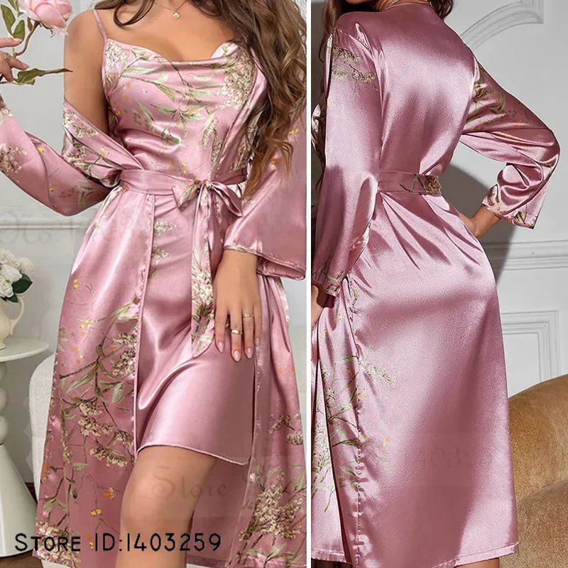 Ensemble de robe imprimé cerise 2 pièces, nuisette à bretelles & kimono de bain, pyjama en satin