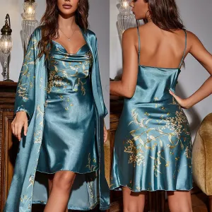 Ensemble de robe imprimé cerise 2 pièces, nuisette à bretelles & kimono de bain, pyjama en satin
