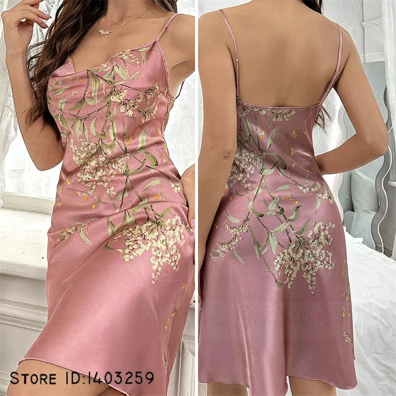 Ensemble de robe imprimé cerise 2 pièces, nuisette à bretelles & kimono de bain, pyjama en satin
