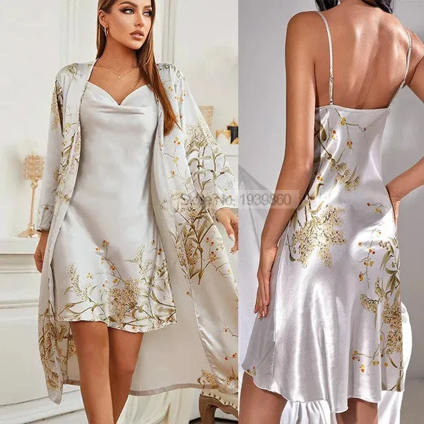 Ensemble de robe imprimé cerise 2 pièces, nuisette à bretelles & kimono de bain, pyjama en satin