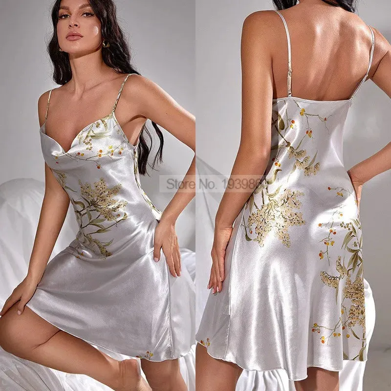 Ensemble de robe imprimé cerise 2 pièces, nuisette à bretelles & kimono de bain, pyjama en satin