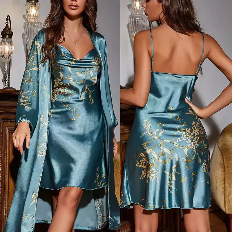 Ensemble de robe imprimé cerise 2 pièces, nuisette à bretelles & kimono de bain, pyjama en satin