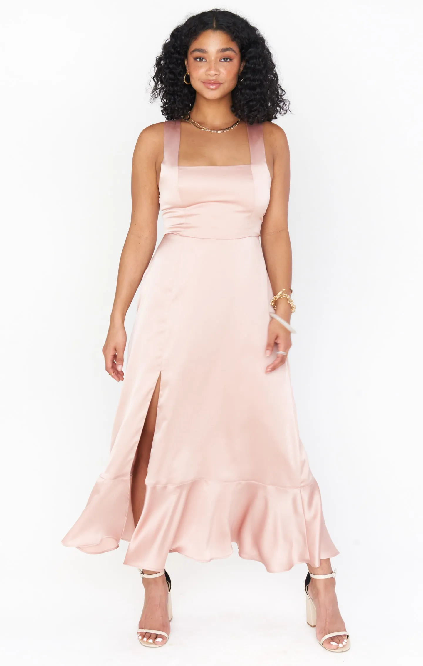 Robe midi Claire ~ Satin luxe or rose