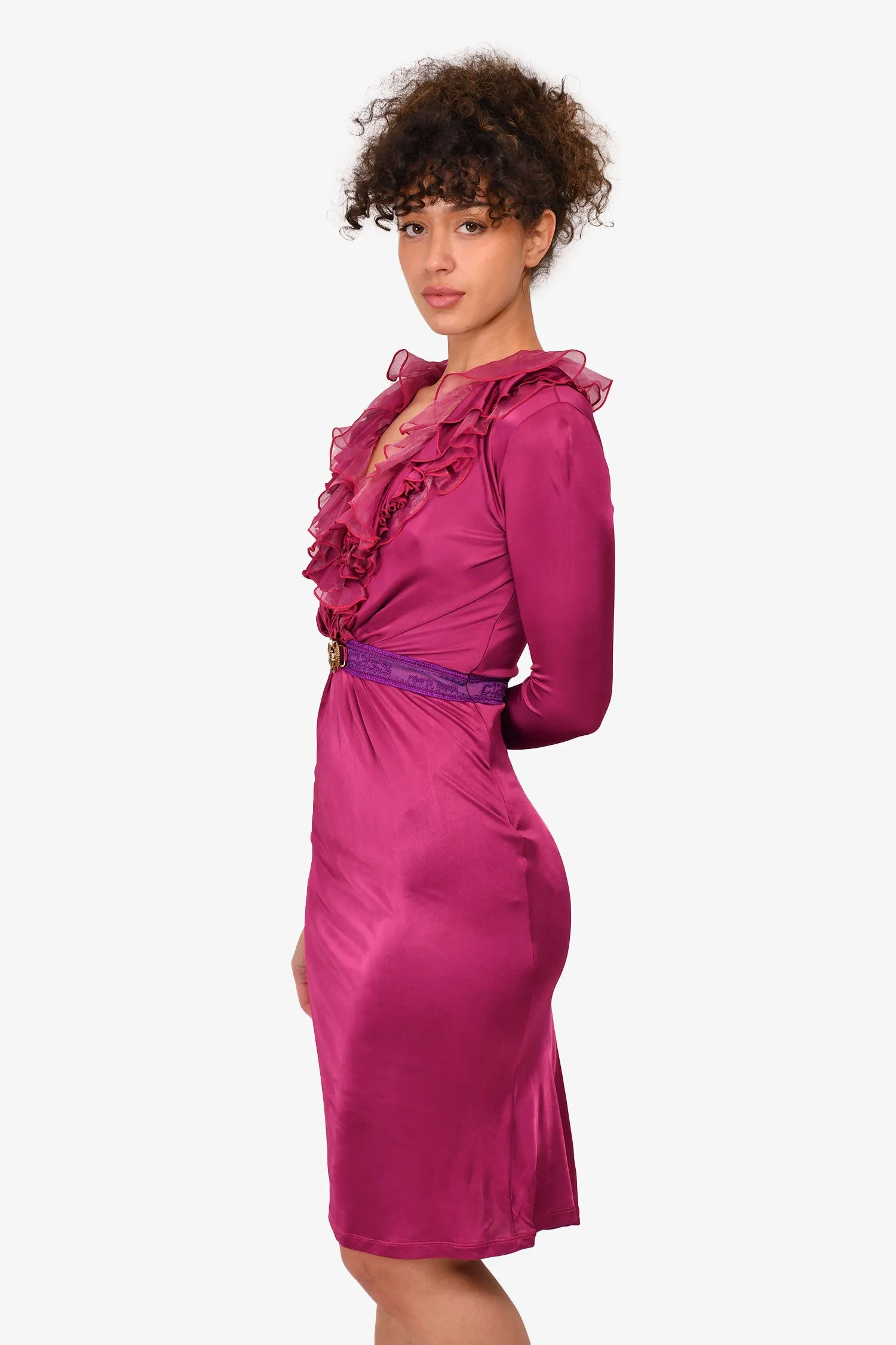 ROBE MIDI EN SOIE VIOLETTE À ENCOLURE EN V ET VOLANTS ROBERTO CAVALLI TAILLE 6 US