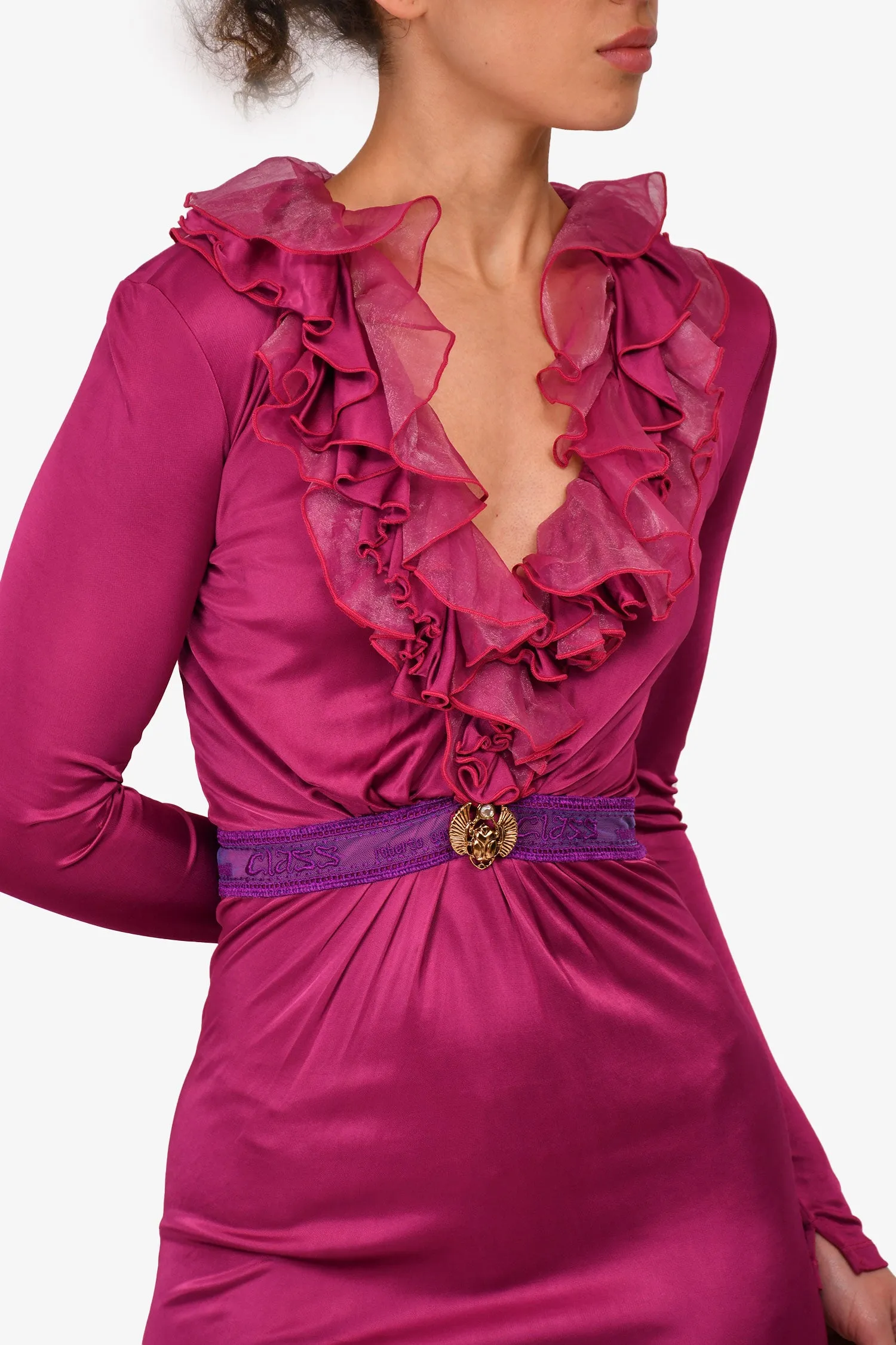 ROBE MIDI EN SOIE VIOLETTE À ENCOLURE EN V ET VOLANTS ROBERTO CAVALLI TAILLE 6 US